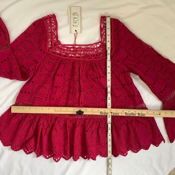 Anthropologie TRYB Eyelet Ruffle Blouse Size S Pink Embroidered Peasant Top - Picture 5 of 8